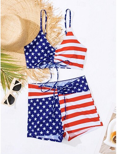  Frauen Badeanzüge Bikini 2 Teile Freches Badeanzug Rückenausschnitt Slim Urlaub Strandmode Flagge V-Ausschnitt Ärmellose Badeanzüge