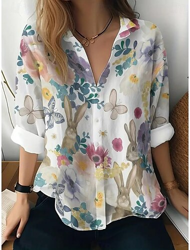  Pasqua Per donna Camicia Floreale Grafico Animale Casual Manica Lunga Colletto a Camicia Top Regolari Lavoro Quotidiano Bottoni Stampato Bianco Estate Primavera Autunno