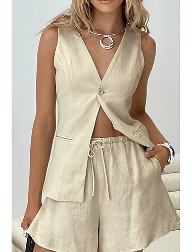  Dames Katoenmengeling Linnen-geïnspireerde sets Tweedelige sets Mouwloos V-hals Effen Kleur Dubbele Rij Knopen Modieus Basic Feestdagen Weekend blauw Wit Khaki Zomer Normale pasvorm