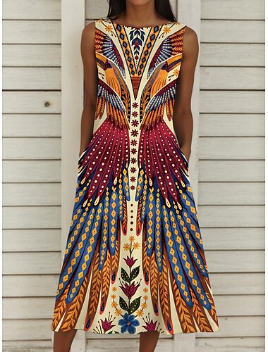  Dames Halflange jurk Vintage Jurk Paisley-jurk Etnische jurk Zonnejurk Bohemen Vakantie Casual Vakantie Normale pasvorm Grafisch Geometrisch Paisley Mouwloos Strakke ronde hals Geel blauw Zomer