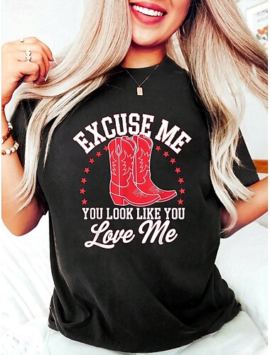  Women's T Shirt Funny Excuse Me You Look Like You Love Me Ombre Graphic Letter Stylish Casual Short Sleeve Round Neck Regular Tops Weekend  Print Red Purple  Summer