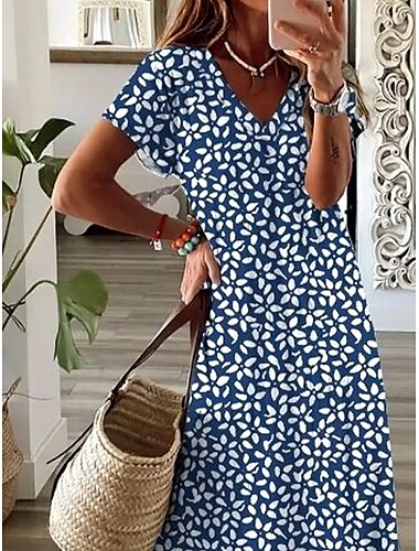  Damen Maxikleid A-Linie Kleid Sommerkleid Elegant Urlaub Lässig Urlaub Täglich Reguläre Passform Floral Grafik Polka Dot Kurzarm V-Ausschnitt Staubiges Blau Sommer Frühling Herbst