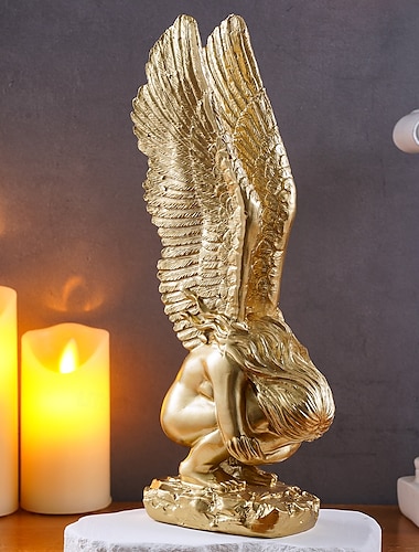  gouden knielende engel desktop decoratie, hars materiaal reddende engel sculptuur, handgemaakte ambacht voor tv achtergrond muur, entree, studeerkamer en kantoor bureau decoratie