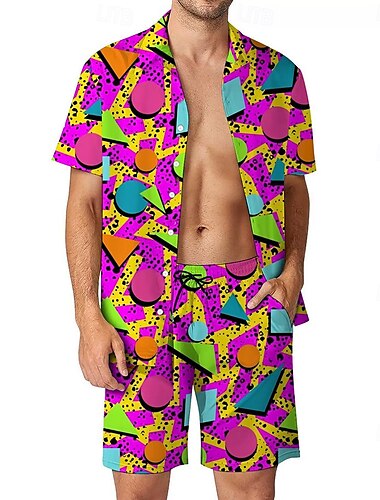  Herren Geometrisch 2St Hemden-Sets Sommeroberteile Kurzarm Kurze Hosen Umlegekragen Lässig Outdoor Heim Lässig 3D-Druck Sommer Rubinrot Schwarz Rote
