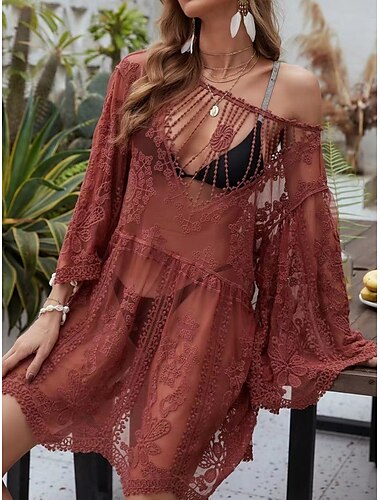  Damen Badebekleidung Cover Up Badeanzug Kleid Badeanzug Spitze Patchwork Urlaub Strandbekleidung einfarbig V-Ausschnitt Langarm Badeanzüge