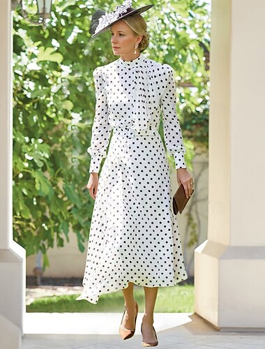  A-Linje Klänning Morsan till Bruden Klänning Prickar Elegant Vintage Fest Mock Hals Golvlängd Chiffon Bomullsblandning Lång Ärmar med Knappar Bröllopsgästklänning 2025