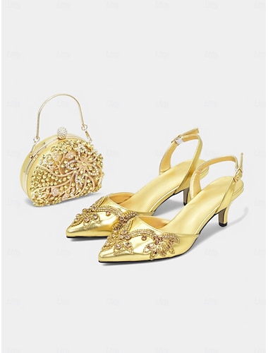  gouden versierde slingback hakken met bijpassende handtas – luxe trouw- en feestschoenen voor dames