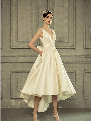  Hochzeitskleider Ballkleid V Ausschnitt Ärmellos Asymmetrisch Taft Brautkleider Mit Falten Tasche 2025