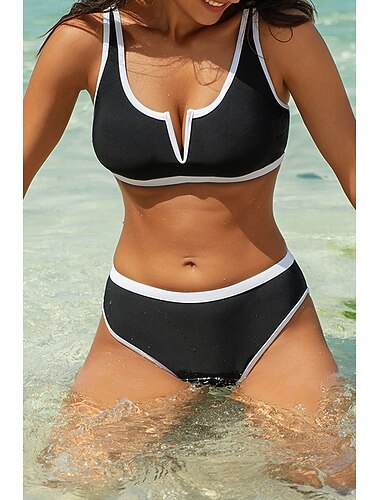  Dam Badkläder Bikini 2 st Baddräkt Öppen rygg Lappverk Tropisk Standkläder Färgblock V-hals Ärmlös Baddräkter
