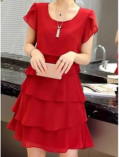 Damen Mini Kleid Arbeitskleider Formal Hochzeitsgast Abendparty Reguläre Passform Grafik Kurzarm Rundhalsausschnitt Schwarz Pink Weinrot Sommer