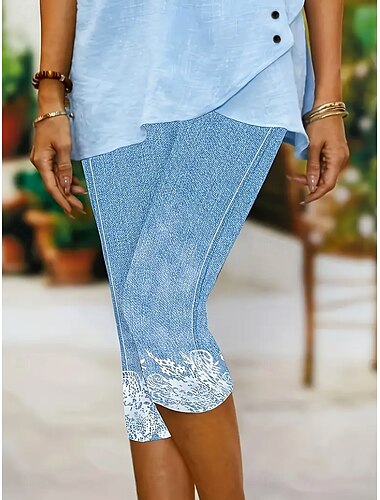  Damen Leggings Capri Hosen hohe Elastizität Urlaub Mode Hawaiianische Knielänge mittlere Taille floraler Grafikdruck atmungsaktiv weich Urlaub lässig täglich hellblau Sommer Frühling reguläre Passform