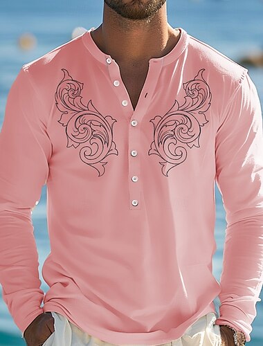  Męskie Drukowane Etnické Podkoszulek Koszula Henley Długi rękaw Designerskie Retro / vintage Codzienny Ulica Codzienny Lato Wiosna Jesień Biały Rumiany róż Niebieski Henley Koszulka Henley