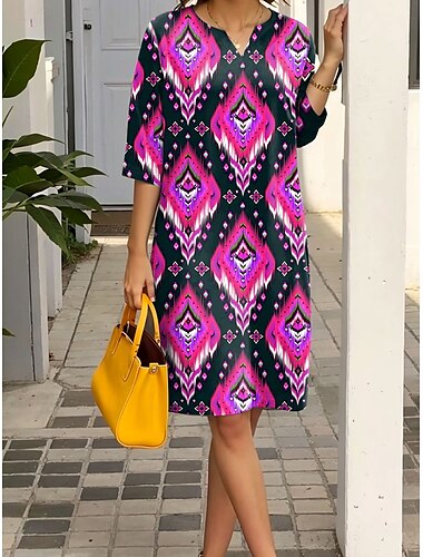  Damen Mini Kleid Shift Kleid Freizeit Alltags Regular Fit Grafik Geometrisch Tribal 3/4 Ärmel V-Ausschnitt Blau Lila Orange Sommer Frühling