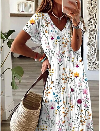  Vestido Maxi de Mujer Vestido A Línea Vestido de Verano Elegante Vacaciones Vacaciones Diarias Ajuste Regular Gráfico Floral Manga Corta Cuello en V Blanco Verano Primavera Otoño