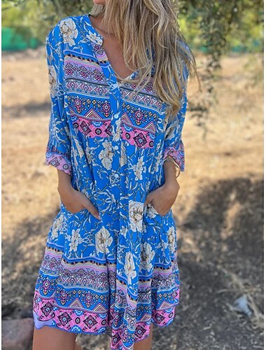  Damen Mini Kleid Sommerkleid Basic Freizeit Urlaub Daily Regular Fit Floral Grafik 3/4 Ärmel V-Ausschnitt Marineblau Königsblau Lila Sommer