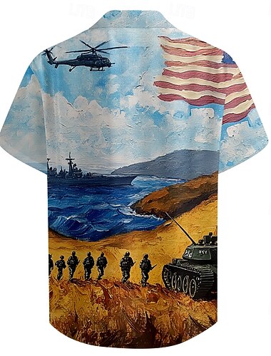  Men's American US Flag Veterans Patriotic Shirt Casual Shirt Cuban Collar Shirt Short Sleeve Army Militray Holiday Streetwear Summer Spring Camp Collar Shirt 3D Print Light Blue