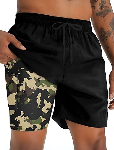  Herr Kamuflasje Fodrade shorts 2 i 1 simshorts Badshorts Medium Midja Hawaiisk Semester Helgdag Standkläder Sidfickor Med kompressionsfoder Elastisk dragsko i midjan Designer Kläder