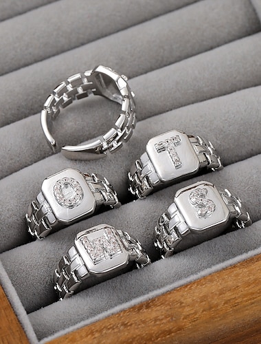  Bague lettre personnalisée, cadeau pour maman, bague alphabet en cuivre avec zircon, design de chaîne de style vintage, bande ouverte réglable, bijoux esthétiques minimalistes pour femmes