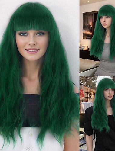  Synthetic Wig Wavy Curly Weave Layered Haircut With Bangs Machine Made Wig 16 inch A1 Synthetic Hair Women's Classic Comfortable Color Gradient Green