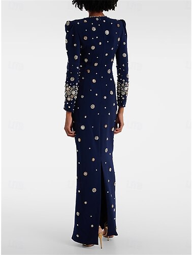  Vestido de Madre de la Novia Vestido Elegante Fiesta Escote Redondo Largo de Piso Poliéster Manga Larga con Cuentas