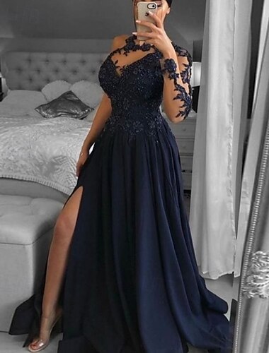  Rochie de seară A-Line rochie vintage Black Tie Gala biserică tren scurt  lung mânecă lungă un umăr crepe extensibil spate cu scara cu sclipici fanta