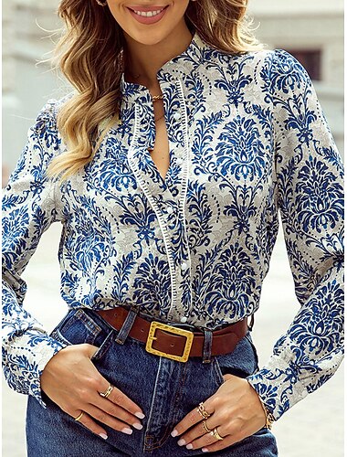  Damen-Shirt Grafik elegant Vintage stilvoll Langarm V-Ausschnitt reguläre Oberteile tägliche Urlaubs Ausgehen Knöpfe Blau Sommer Frühling
