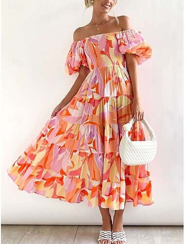  Damen Plus-Size Maxikleid A-Linien Kleid Melker Kleid Schulterfreies Kleid Puffärmeliges Kleid Urlaub Outdoor Täglich Reguläre Passform Einfarbig Kurzärmeliger Schulterfreier Gelb Hell