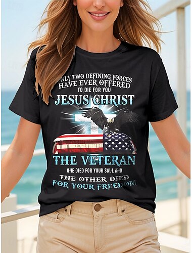  女性の愛国的Tシャツ コットンシャツ グラフィックアニマルフラッグ カジュアル 半袖 ラウンドネック レギュラー トップス デイリー プリント ブラックサマー