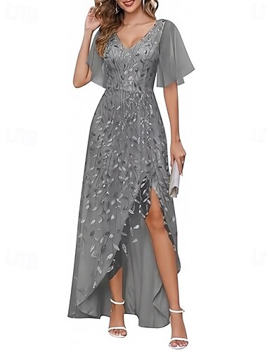 A-Linie Kleider für Hochzeitsgäste High-Low Kleid Hochzeitsgast Asymmetrisch Kurzarm V Ausschnitt Herbsthochzeitsgast Spitze mit Schlitz 2025