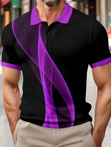  Voor heren Meetkundig Lijn Wafel Poloshirts Korte mouw Poloshirt Overhemden met kraag Zakelijk informeel Buiten liiketoiminta Alledaagse kleding Knop 3D-afdrukken Zomer Rood blauw Paars