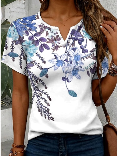  Dames T-shirt Ombre Bloemig Casual Korte mouw Gekerfde nek Normale tops Dagelijks Afdrukken Lichtgroen Blozend Roze blauw Zomer Lente