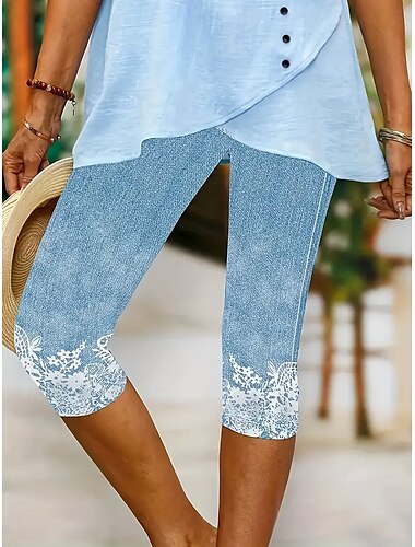  Leggings de femme Pantalons Capri Haute Élastique Vacances Mode Hawaïenne Longueur Mollet Taille Moyenne Imprimé Floral Graphique Respirant Doux Vacances Casual Quotidien Bleu Clair Été Printemps