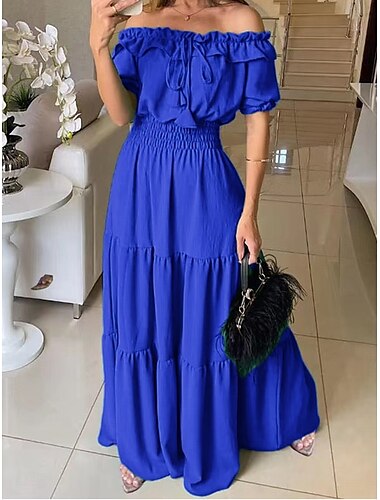  Damen Plus Size Maxi Kleid A-Linie Kleid Melkmaid Kleid Off-Shoulder Kleid Puffärmel Kleid Urlaub Outdoor Täglicher Regulärer Schnitt Einfarbig Kurzarm Off Schulter Schwarz Gelb Rot