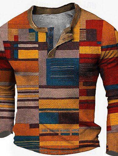  Hombre Graphic Bloque de color Camisa henley gofrada Estilo casual Estilo clásico Manga Larga Impresión 3D Moda Design Básico Exterior Diario Primavera & Otoño Amarillo Rojo Azul Piscina Naranja