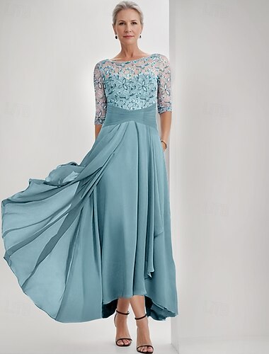  Brodert A-linje Kjole Mor til bruden Kjole Elegant Juvel Utringning Gulvlengde Chiffon Halv Erme Wrap Inkludert med Blonder Volanger Tier