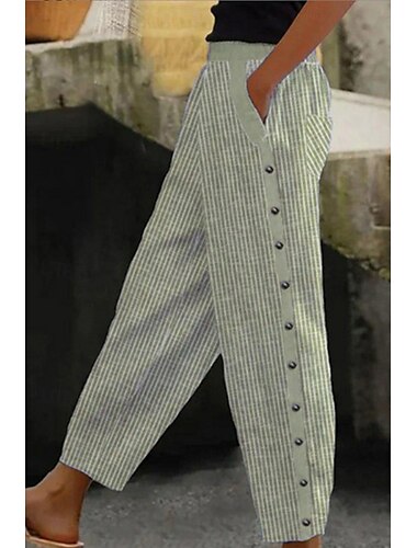  Damen Hose aus Baumwollleinen Stoffhosen Hosen Hose Klassisch Lässig Volle Länge Natürliche Taille Gestreift Tasche Atmungsaktivität Weich Bequem Mikroelastisch Straße Alltagskleidung Hellhimmelblau