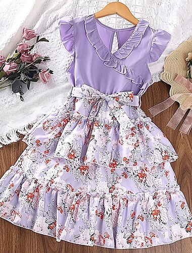  Kinder Mädchen Kleid Blume Ärmellos Outdoor Lässig Gerafft Patchwork Mode Niedlich Polyester Knielang Freizeitkleid A Linie Kleid Sommer Frühling Ab 4 Jahren Rosa Rote Blau