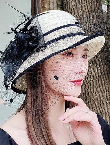  女性用つばの広い山高帽、ビンテージ花柄ウールフェルトフェドーラ帽、フロッピー、エレガントなファシネーターハット、ベール付き、女性用教会パーティー用バケツ