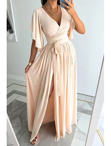  Femme robe longue robe ceremonie Mode Manches Evasées Soirée Rendez-vous Standard Plein Manche Courte Col V Noir Rouge Bleu Kaki Eté