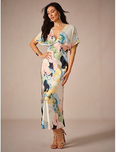  Damen Hochzeitsgastkleid elegantes Batik-Maxikleid Kurzarm V-Ausschnitt Print lockere Passform Alltagskleid weiß blau lila Sommerkleid
