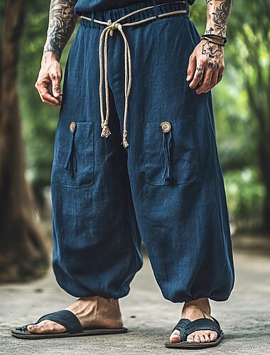  Voor heren Linnen broek Broek Zomerbroek Wijde broek Trekkoord Elastische taille Breed Been Effen Comfort Ademend Volledige lengte Buiten Yoga Sportschool Modieus Retro vintage Marineblauw