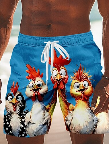  Herren Tiermotiv Küken Lustig Badeshorts Boardshorts Mittlere Taille Streetwear Hawaiianisch Urlaub Kordelzug Netzfutter Elastischer Bund Designer Bekleidung