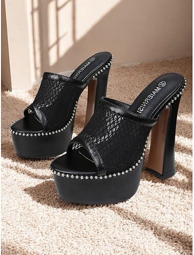  Sandales à talons hauts en maille noire pour femmes – Sandales de soirée gothiques à bout ouvert et clous