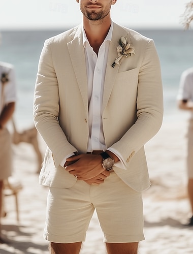  De los hombres boda en la playa Trajes de Lino Azul cielo Caqui Moda Diario Color sólido Estándar Juego de 2 piezas Recto 2 botones