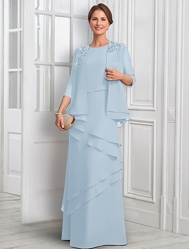  zweiteiliges A-Linien-Kleid Mutter der Braut Kleid elegant funkelnd&amp;Glanz Juwel Hals bodenlang Chiffon Halbarm mit Knöpfen Applikationen Blume 2025