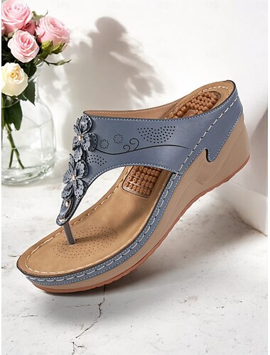  Flip-Flop-Keilsandalen für Damen mit Massagefußbett – Zehentrenner im floralen Bohemian-Stil für lässigen Komfort im Sommer, am Strand und im Freien