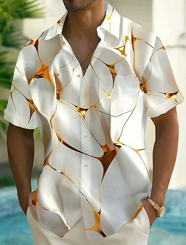  Herr Geometrisk Abstrakt konst Skjorta Casual skjorta Knapp upp skjorta Kortärmad Mode Casual Semester Helgdag Streetwear Sommar Vår Nedvikt 3D-utskrift krage skjortor Främre en ficka Vit