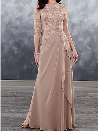  Kleid Brautmutterkleid Hochzeitsgast Elegant Einfach Rundhalsausschnitt Bodenlang Polyester Dreiviertelarm mit Spitze Einfarbig 2025