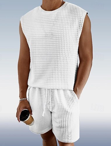  Hombre Camisa de gofres Camiseta sin mangas Trajes de camiseta Camiseta de tenis Mangas cortas Henley Verano Color sólido Ropa de Gimnasia Casual 2 Piezas Vacaciones Festivos Ropa Cotidiana Negro