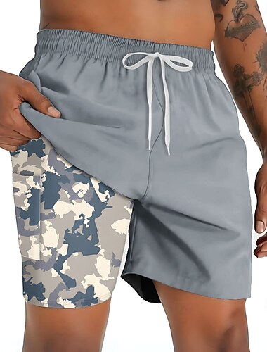  Herren Tarnung Gefütterte Shorts 2 in 1 Badeshorts Badeshorts Mittlere Taille Hawaiianisch Urlaub Ferien Strandbekleidung Seitentaschen Mit Kompressionsfutter Elastischer Kordelzug in der Taille
